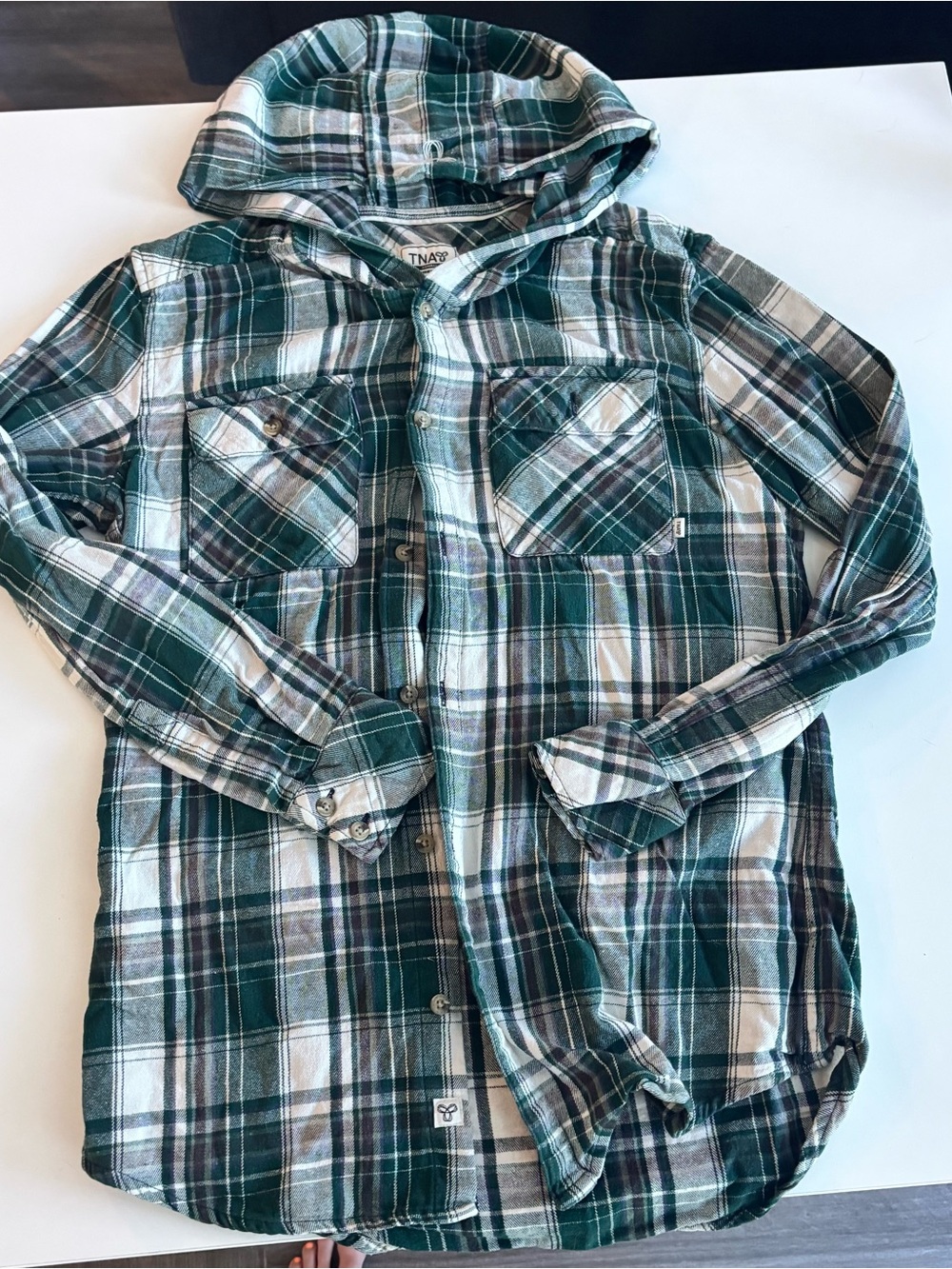 TNA Green and White Plaid Hooded Button-Down Shirt